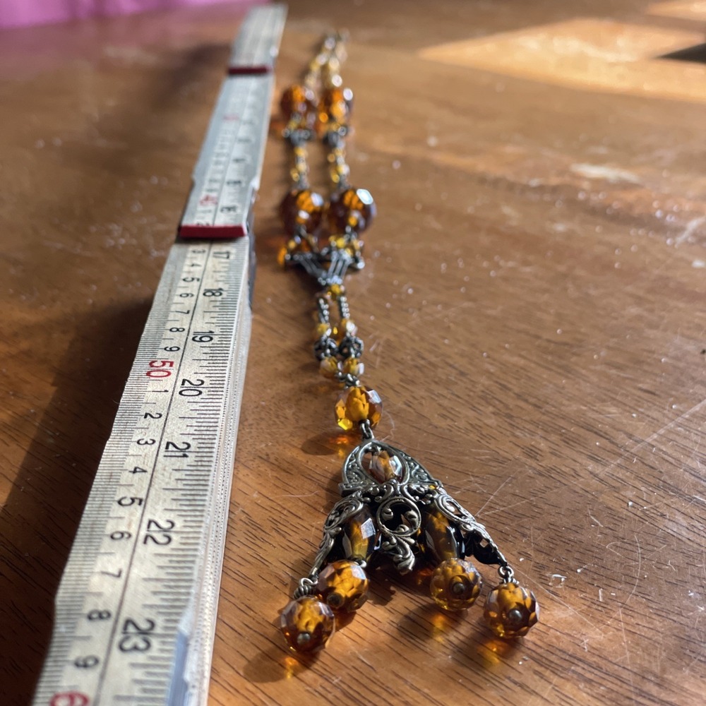 Antique c1920's Art Deco Czech Amber Glass Brass Filigree Flapper Necklace 40" - Picture 9 of 11